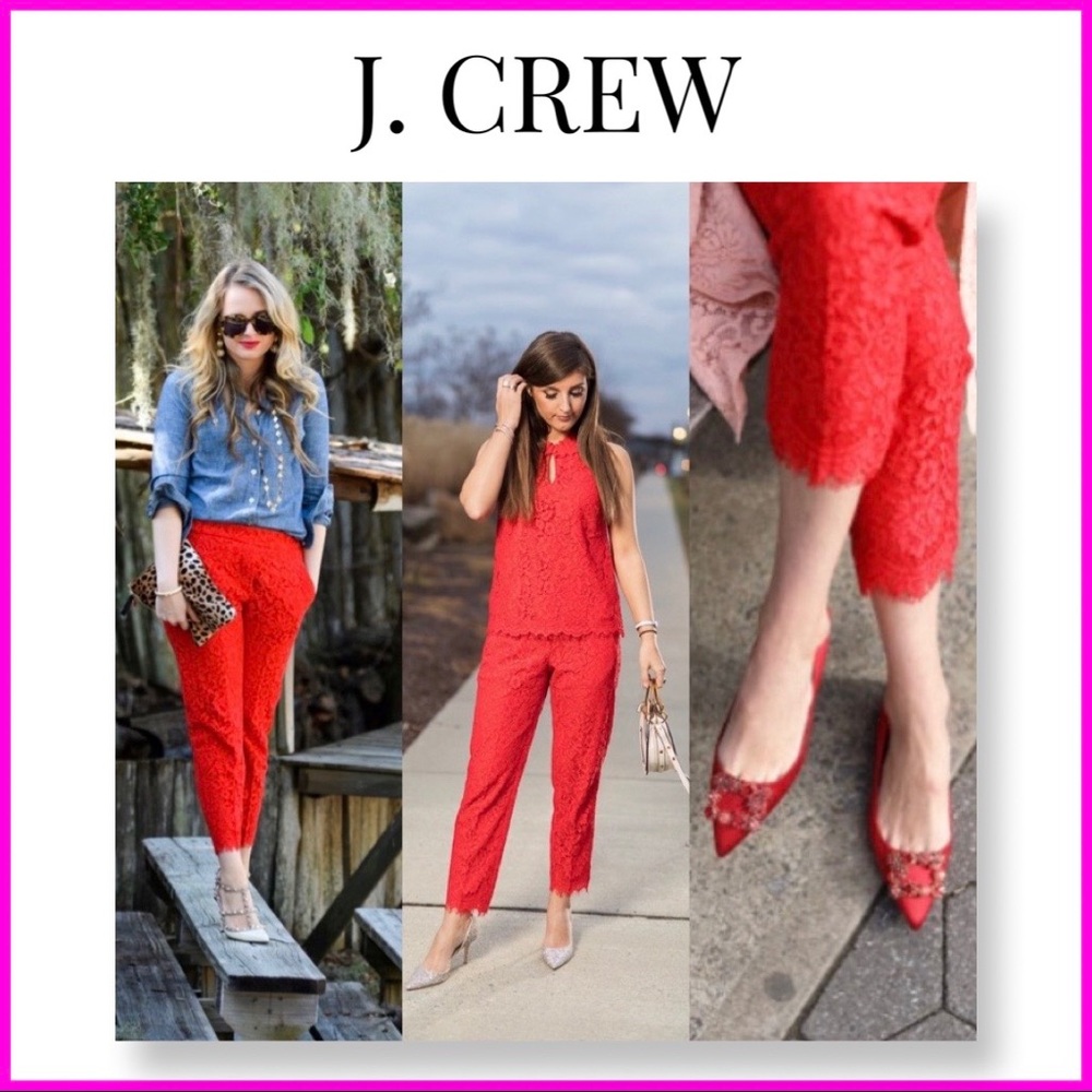 EUC! J. Crew Red Lace Easy Pull On Ankle Pant 4